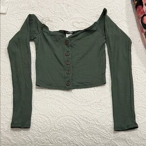 Fashion Nova Olive Ribbed Off-Shoulder Crop Top